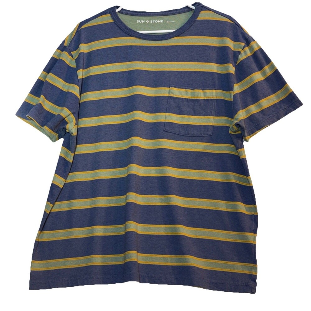 Sun Stone Mens T Shirt Large Blue Green Stripe Short Sleeve Shirt